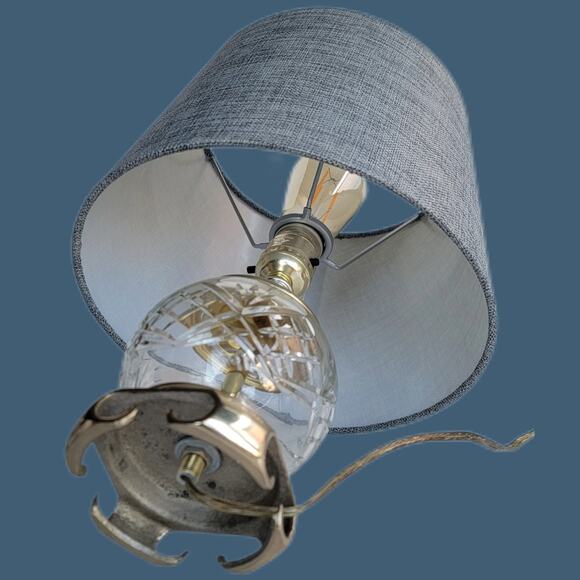 Vintage 1990s Cut Crystal and Brass Boudoir Lamp with Grey Shade - Picture 6 of 7